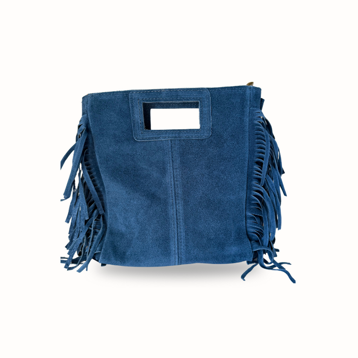 Sac à bandoulière en suède bleu à franges Made in Italy