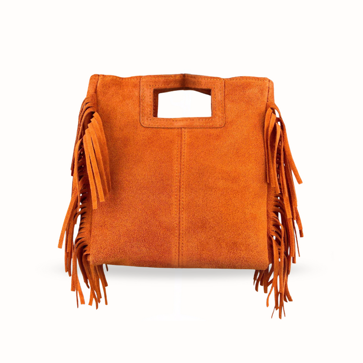 Sac à bandoulière orange en suède a franges made in italy