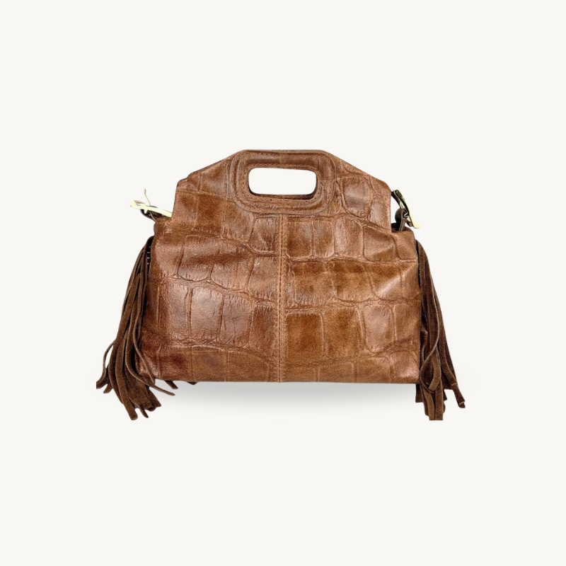 Sac à bandoulière marron à franges aspect crocodile en cuir made in Italy - Fiorella