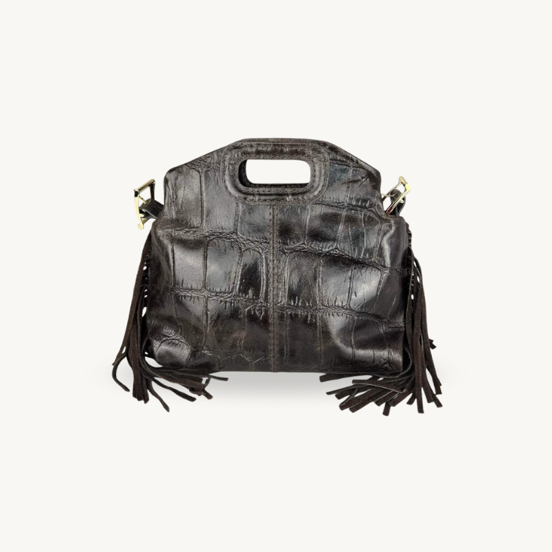Sac à bandoulière marron foncé à franges aspect crocodile en cuir made in Italy - Fiorella