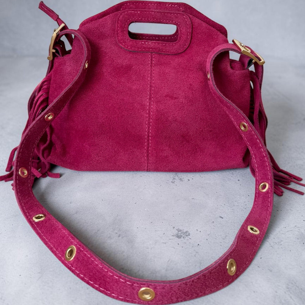 Sac a bandouliere rose fuchsia a franges en daim fabrique en Italie 