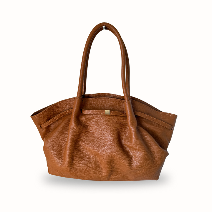 Sac à main fourre-tout camel en cuir grainé souple, fabriqué en Italie