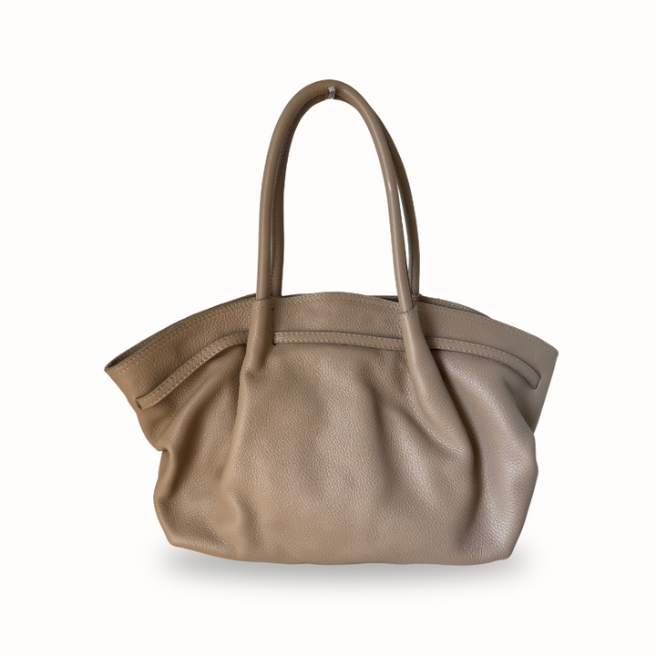 Sac à main fourre-tout taupe en cuir grainé souple, fabriqué en Italie