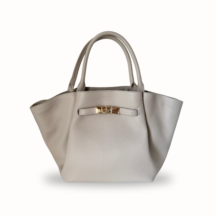 Sac à main crème Daniella en cuir grainé italien, design minimaliste, fabriqué en Italie