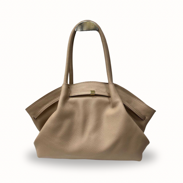 Sac à main fourre-tout taupe en cuir grainé souple, fabriqué en Italie