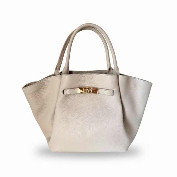 Sac à main ivoire Daniella en cuir grainé italien, design minimaliste, fabriqué en Italie, inspiration Demellier