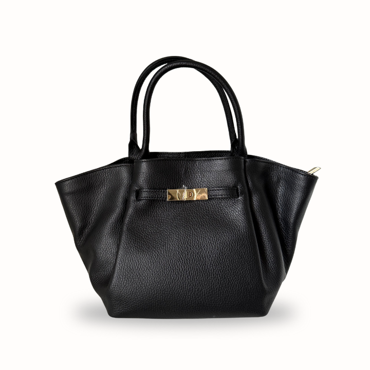 Sac à main noir Daniella en cuir grainé italien, design minimaliste, fabriqué en Italie