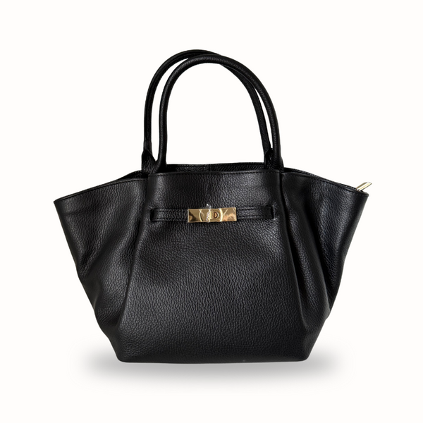 Sac à main femme noir en cuir grainé, fabriqué en Italie, inspiration Demellier