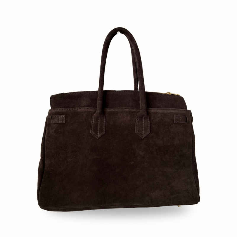sac à main marron foncé en daim avec boucle dorée made in italy - Fiorella