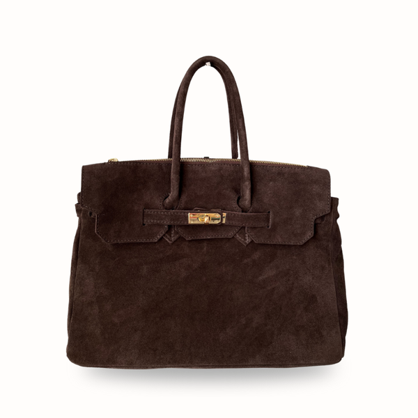 Sac à main en cuir suède marron Isabella, fabrication italienne, porté main ou épaule