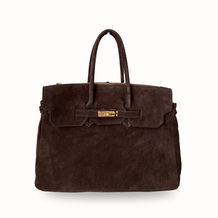 Sac à main en cuir suède marron, fabrication italienne, porté main ou épaule