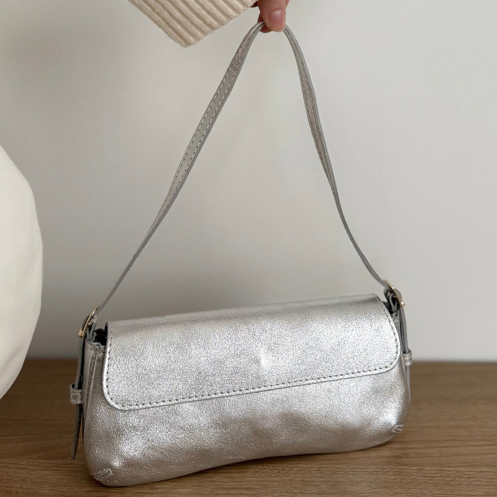 Sac baguette argenté en cuir fabriqué en Italie - Fiorella