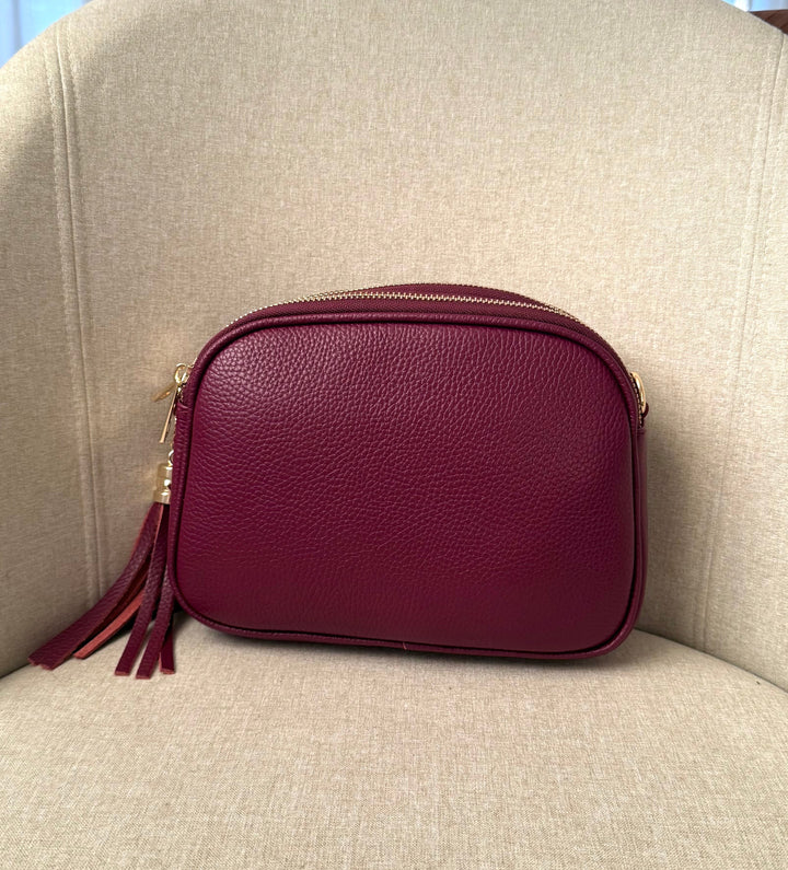 Sac à bandoulière bordeaux en cuir grainé made in Italy 