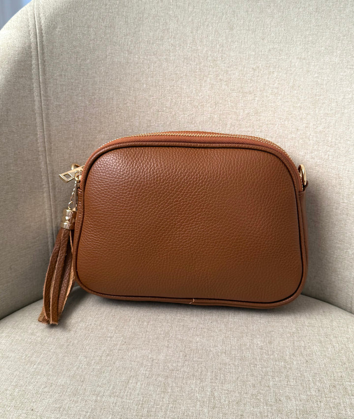 Sac à bandoulière camel en cuir grainé made in Italy 