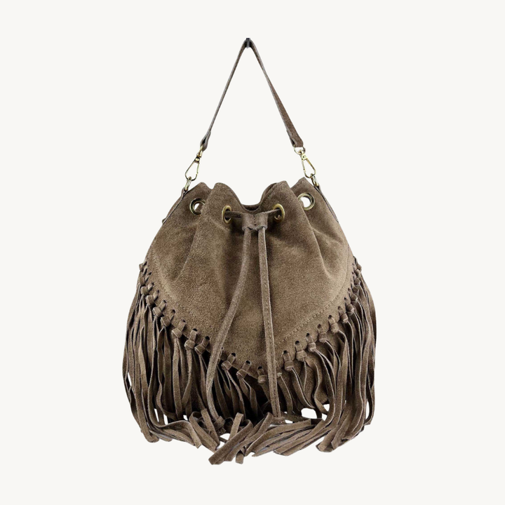 Sac à bandoulière taupe à franges en cuir suède fabriqué en Italie 