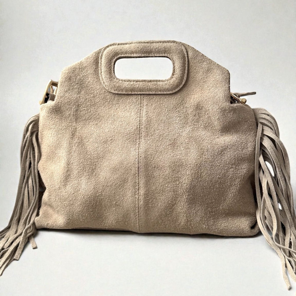 Sac à bandoulière beige en daim à franges made in Italy - Fiorella