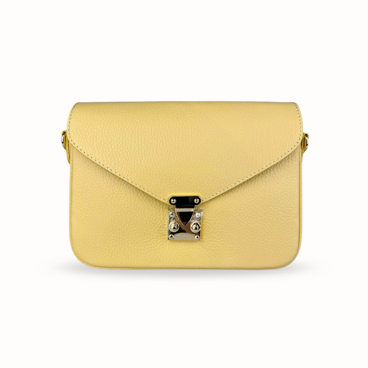 Sac à bandoulière femme en cuir jaune type cartable inspiration Louis Vuitton fabrication italienne