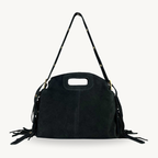 Sac à bandoulière noir en daim à franges made in Italy - Fiorella