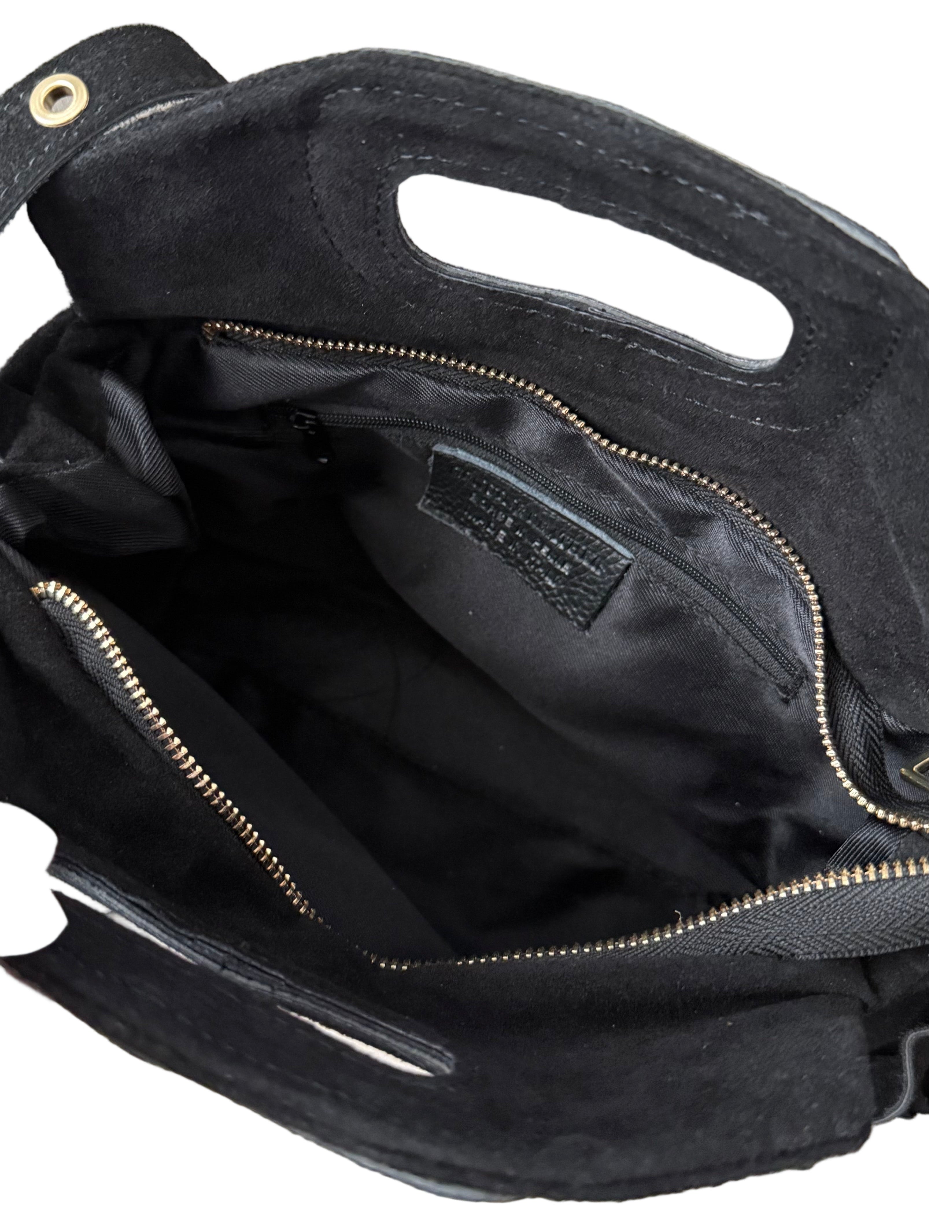 Sac à bandoulière noir en daim à franges made in Italy - Fiorella