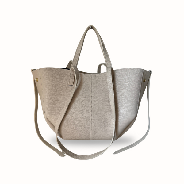 Sac cabas Bianca en cuir grainé écru, fabrication italienne, porté épaule ou main