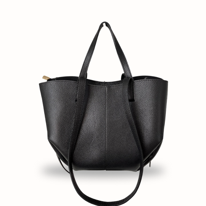 Sac cabas Bianca en cuir grainé noir, fabrication italienne, porté épaule ou main
