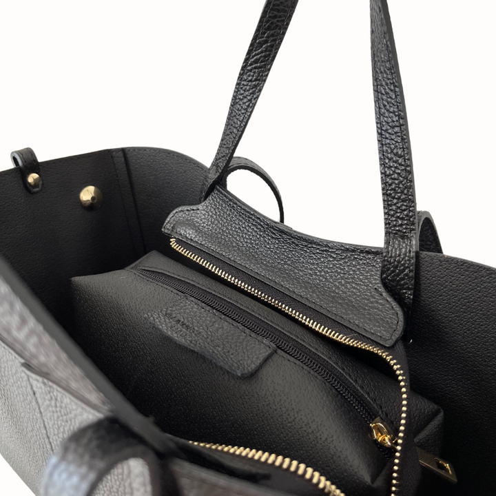 Sac cabas Bianca en cuir grainé noir, fabrication italienne, porté épaule ou main