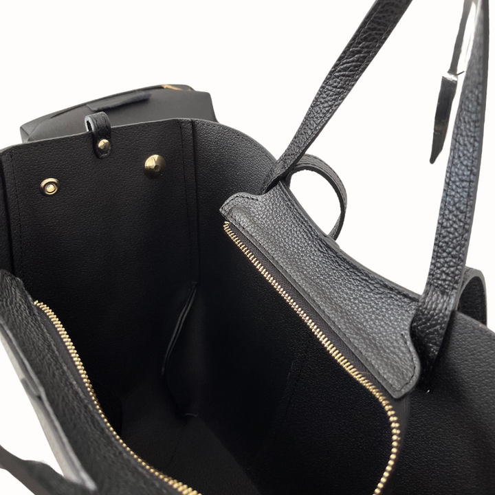 Sac cabas Bianca en cuir grainé noir, fabrication italienne, porté épaule ou main