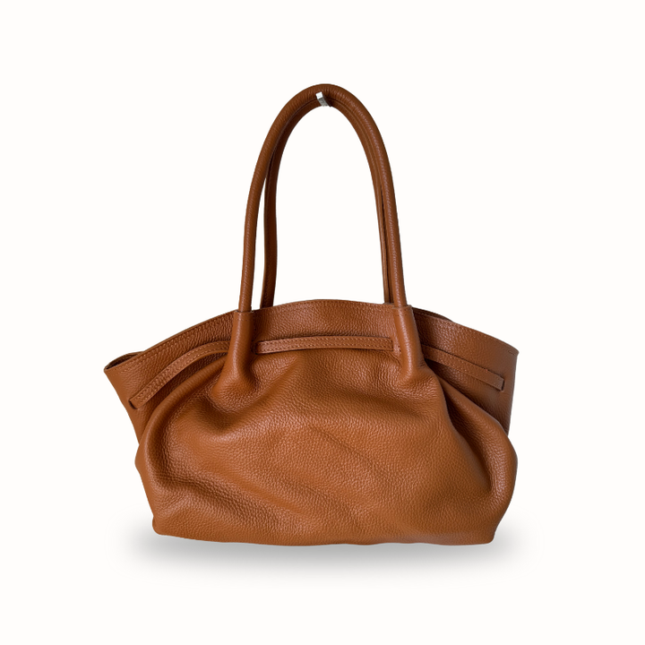 Sac à main fourre-tout camel en cuir grainé souple, fabriqué en Italie