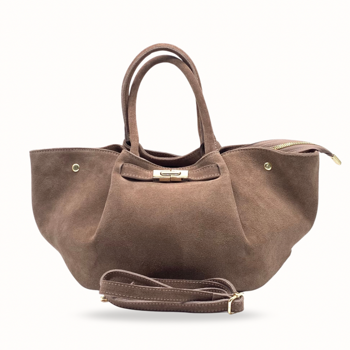 Sac à main taupe en cuir suède fabriqué en Italie 