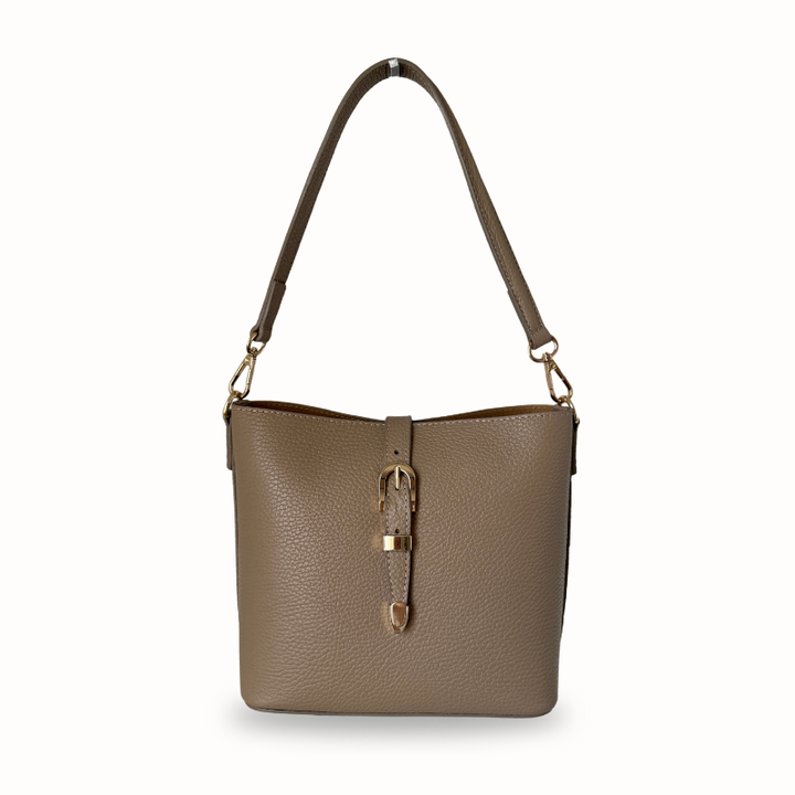 Sac seau et bandoulière femme en cuir grainé taupe, fabrication italienne
