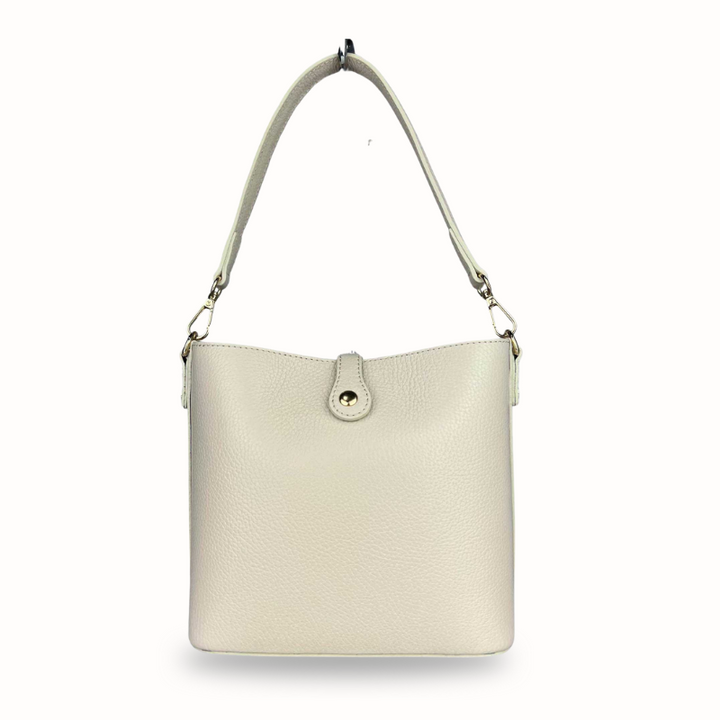 Sac seau et bandoulière femme en cuir grainé beige, fabrication italienne