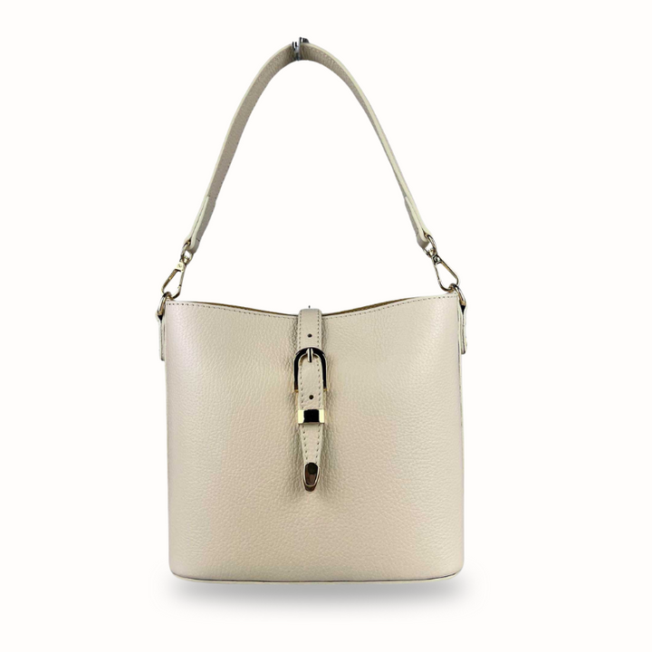 Sac seau Elisa en cuir grainé beige, fabrication italienne, porté épaule ou bandoulière