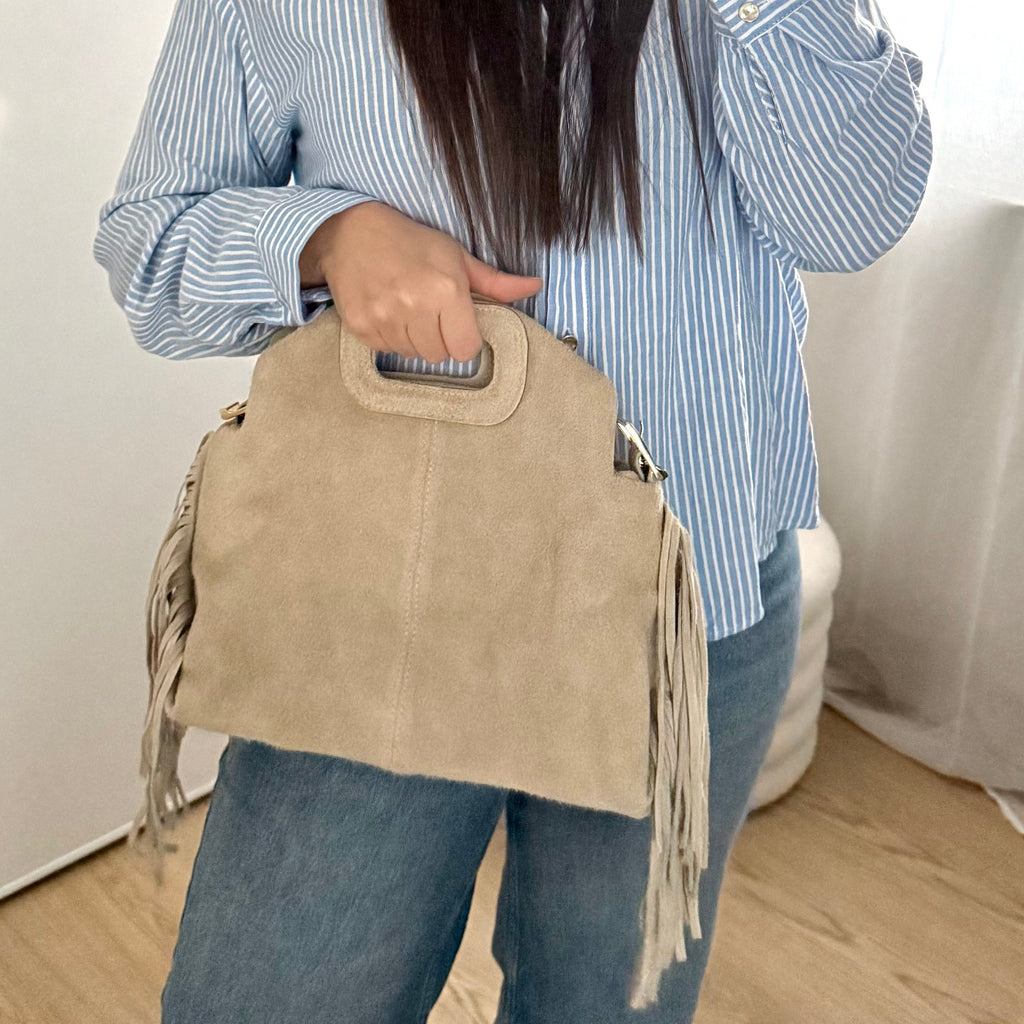 Sac à bandoulière beige en daim à franges made in Italy - Fiorella