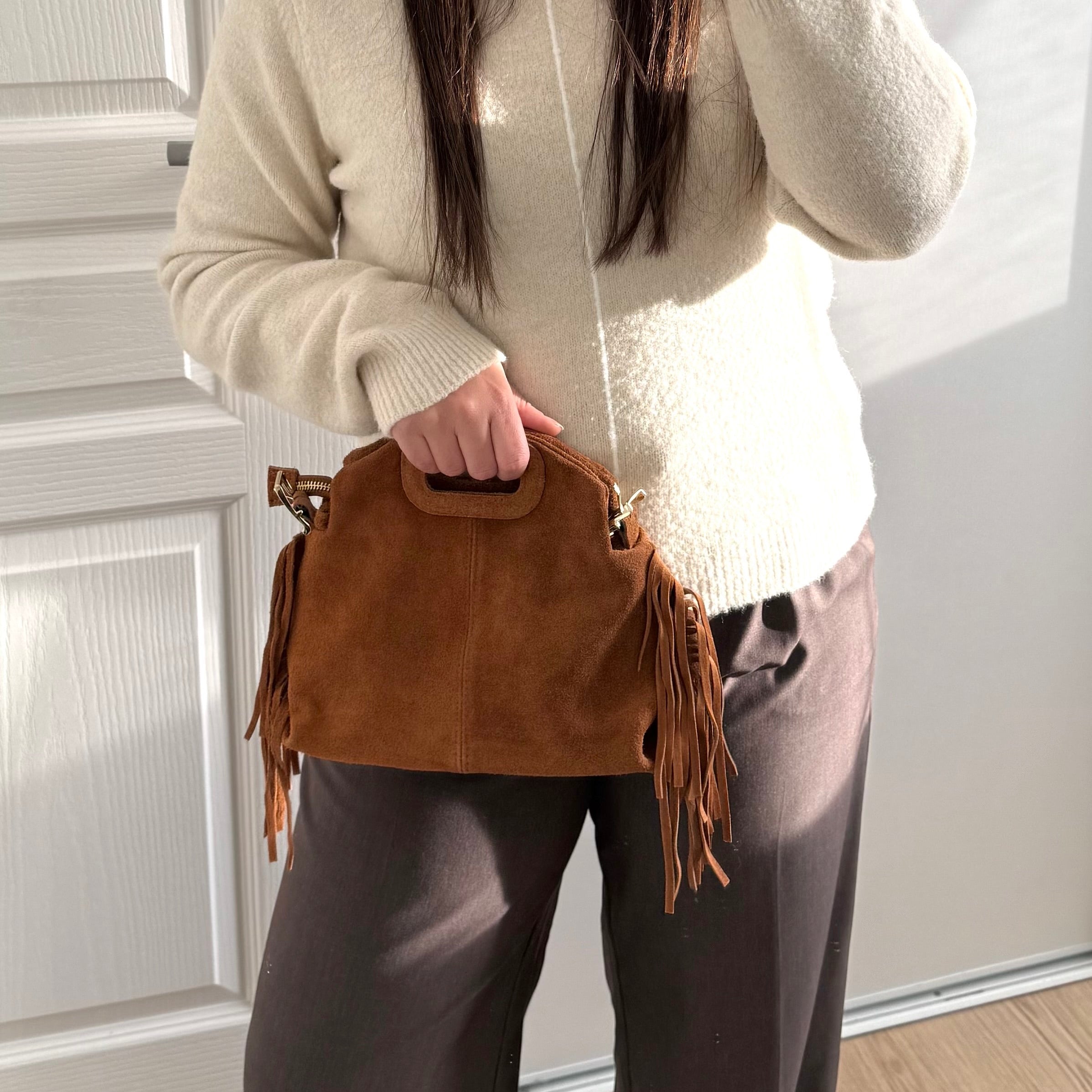 sac a bandoulière camel à franges en cuir made in italy