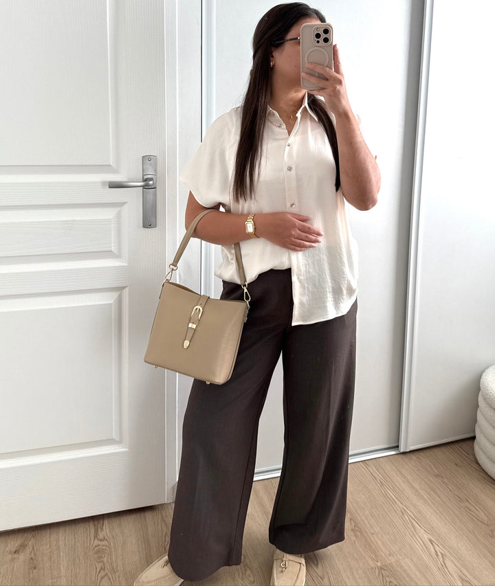 Sac seau et bandoulière femme en cuir grainé taupe, fabrication italienne