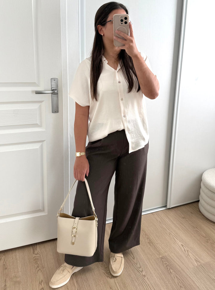 Sac seau et bandoulière femme en cuir grainé beige, fabrication italienne