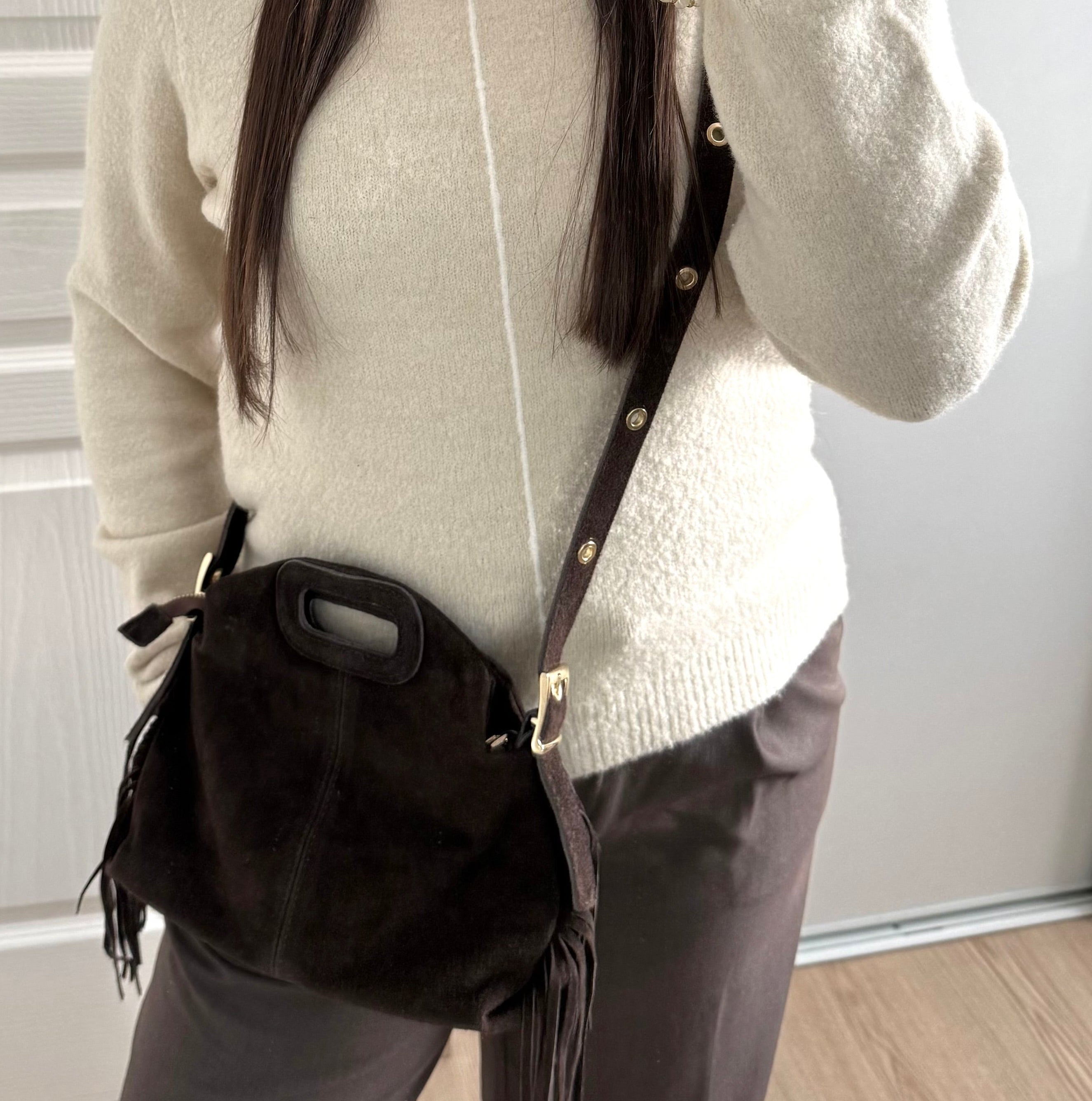 sac a bandoulière marron en cuir a franges made in italy