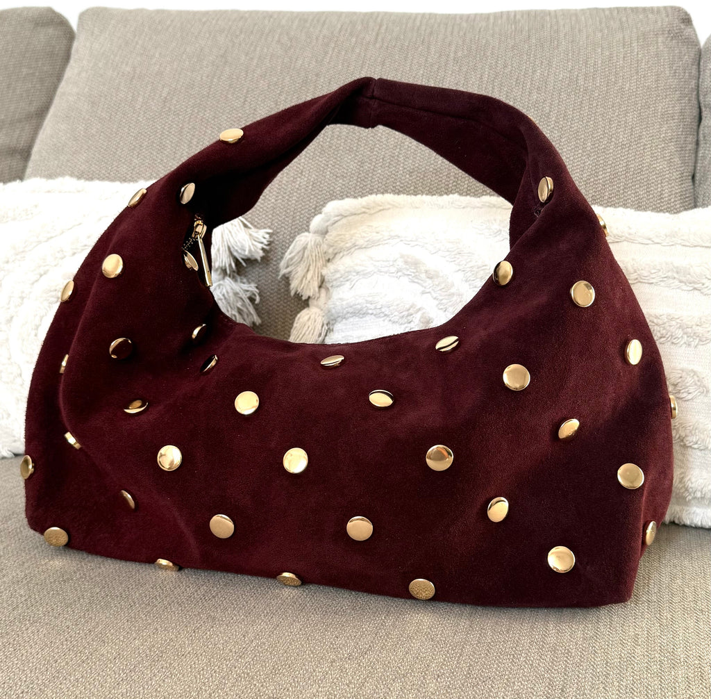 sac a main bordeaux en daim et sequins dores made in italy