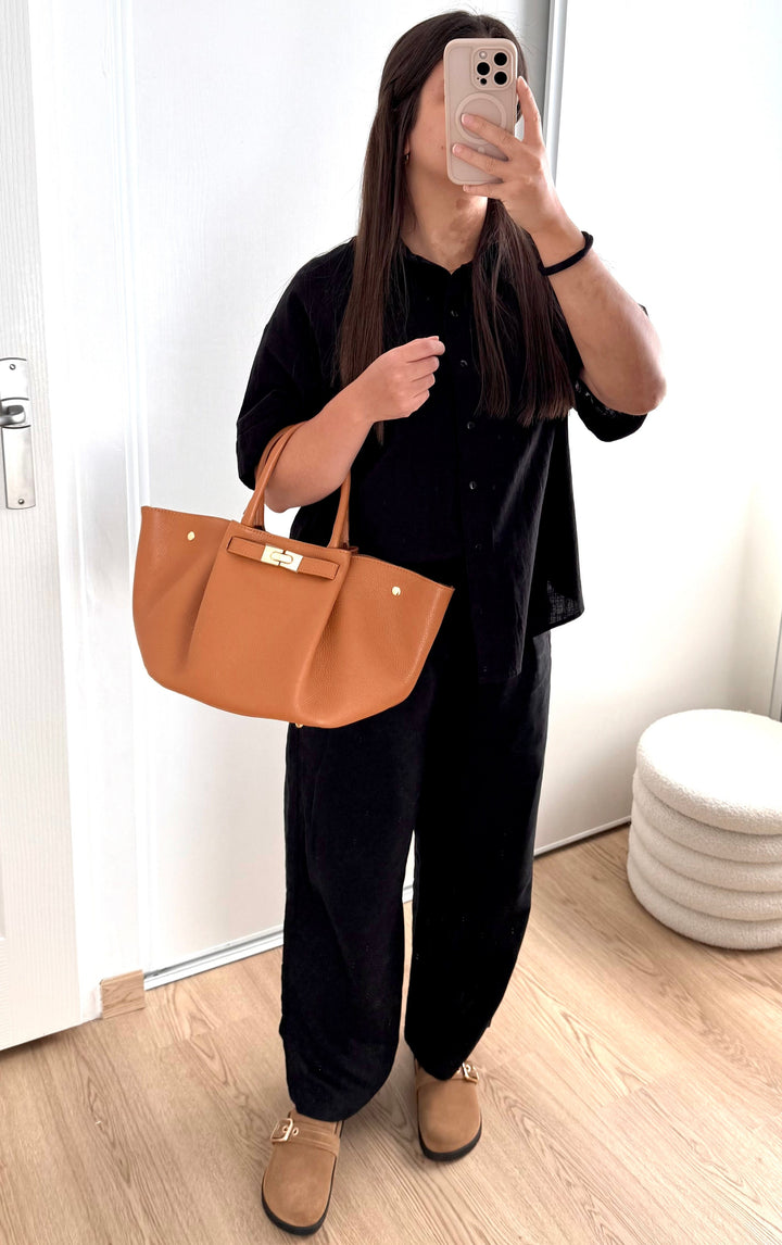 Sac à main femme en cuir camel inspiration Demellier, fabrication italienne