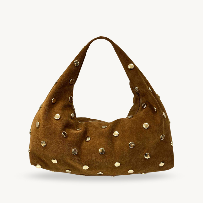 sac a main camel en daim et sequins dores made in italy