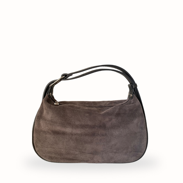 sac a main et bandoulière en cuir suede gris fabriqué en italie