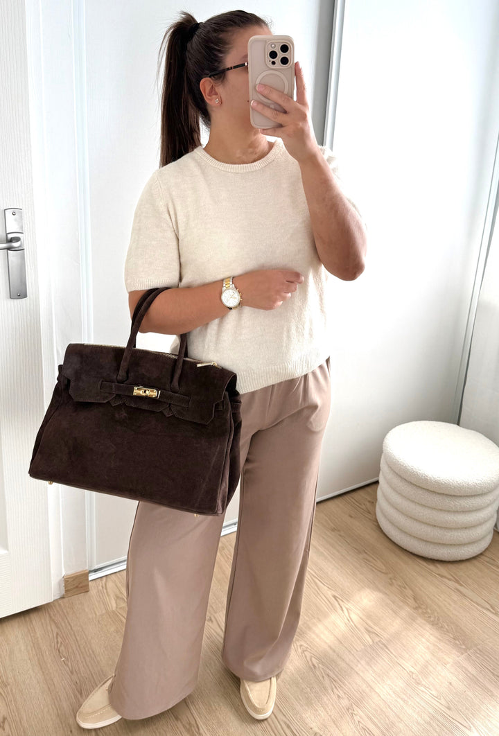 Sac à main en cuir suède marron, fabrication italienne, porté main ou épaule