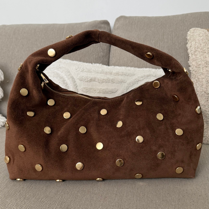 sac à main en cuir marron et sequins