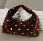 sac a main marron en daim cuir et sequins dores made in italy