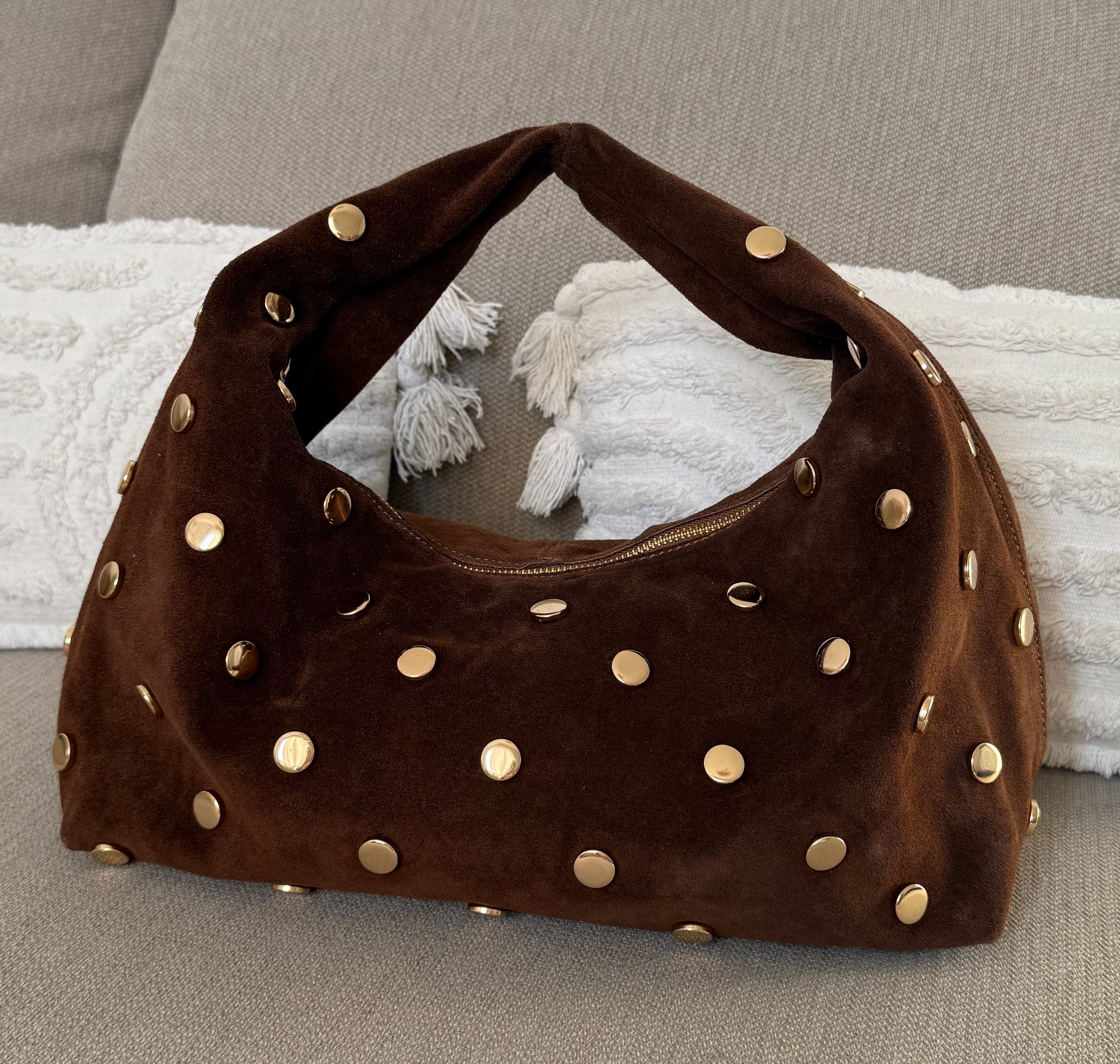 sac a main marron en daim cuir et sequins dores made in italy
