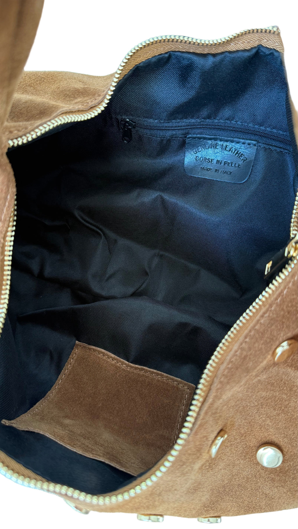 sac a main marron en daim et sequins dores made in italy