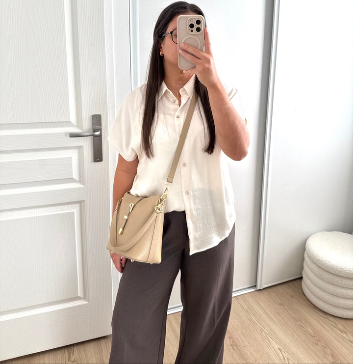 Sac seau et bandoulière femme en cuir grainé taupe, fabrication italienne