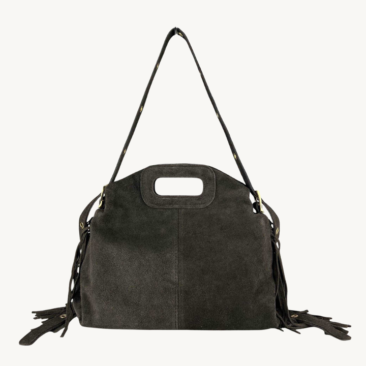 sac à bandoulière marron fonce à franges en cuir suède