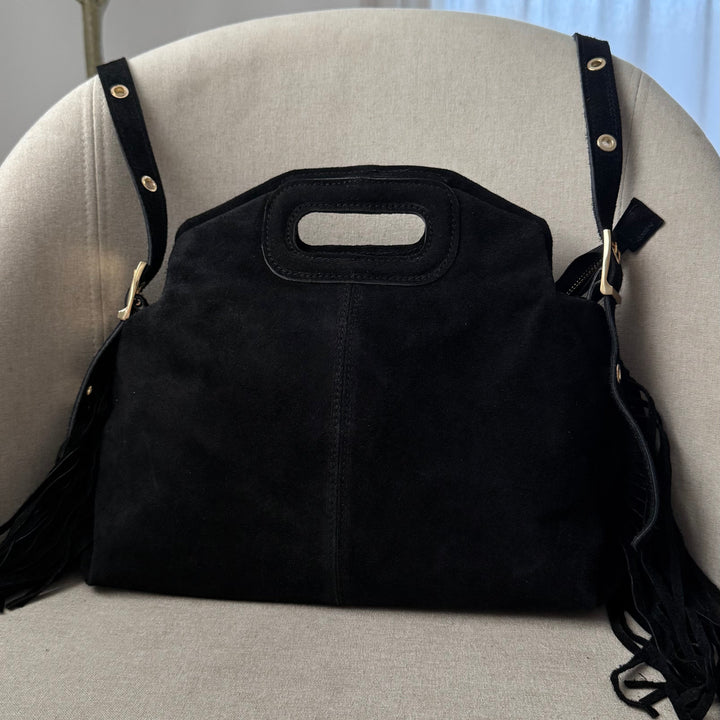 sac à bandoulière noir à franges en cuir