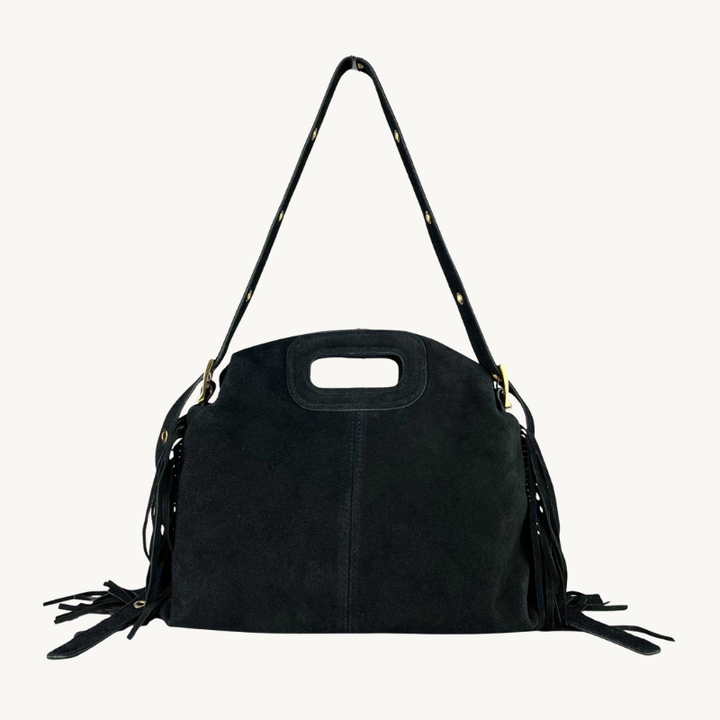 sac à bandoulière noir à franges en cuir suède